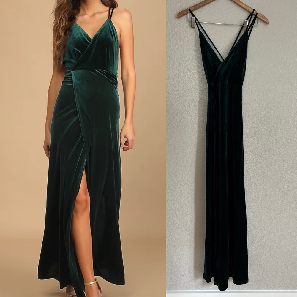 Whimsical Romance Emerald Green Velvet Faux-Wrap Maxi Dress
